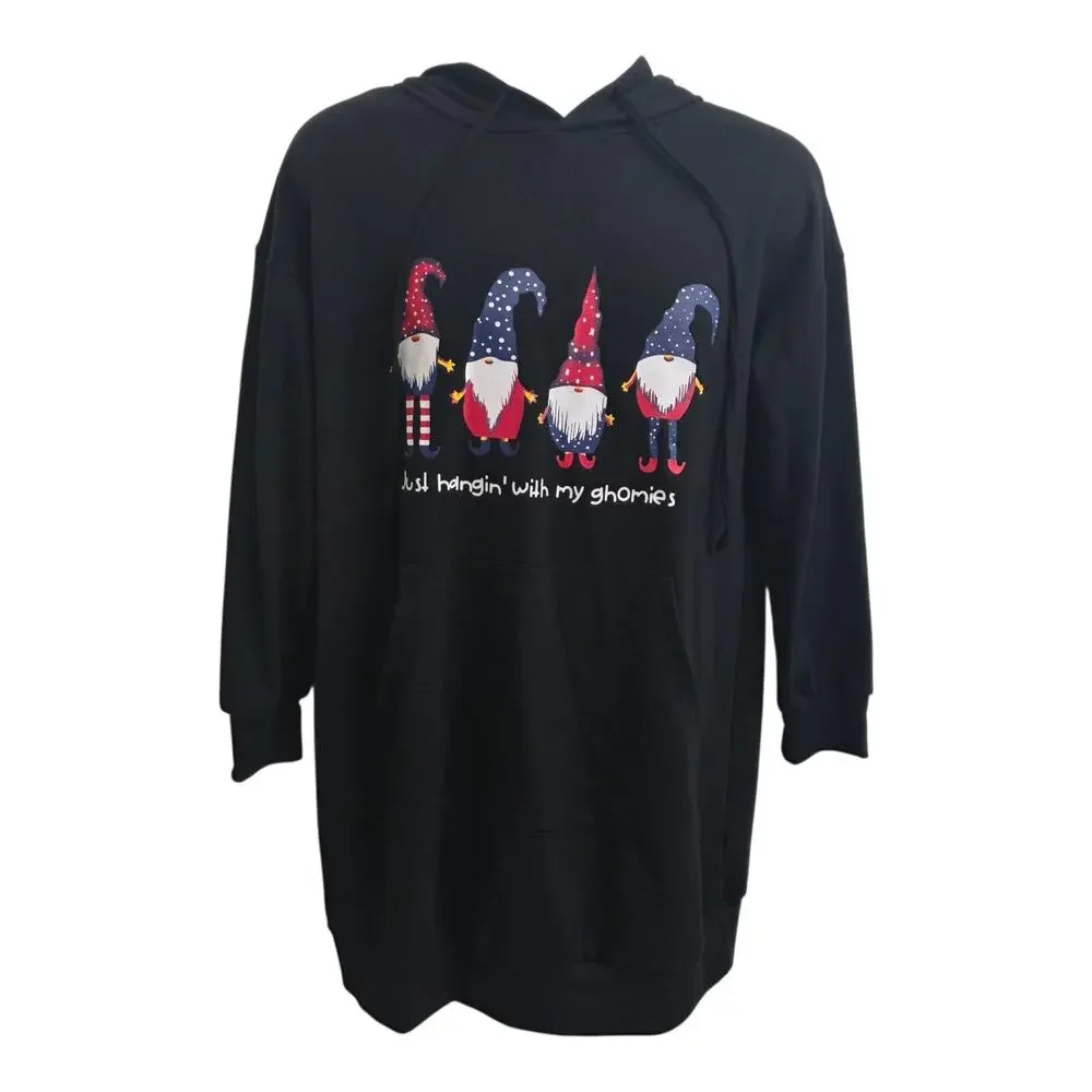 Medium Christmas Hoodie Gnome Graphic Funny Black Sweatshirt Holiday Pullover - Picture 1 of 6